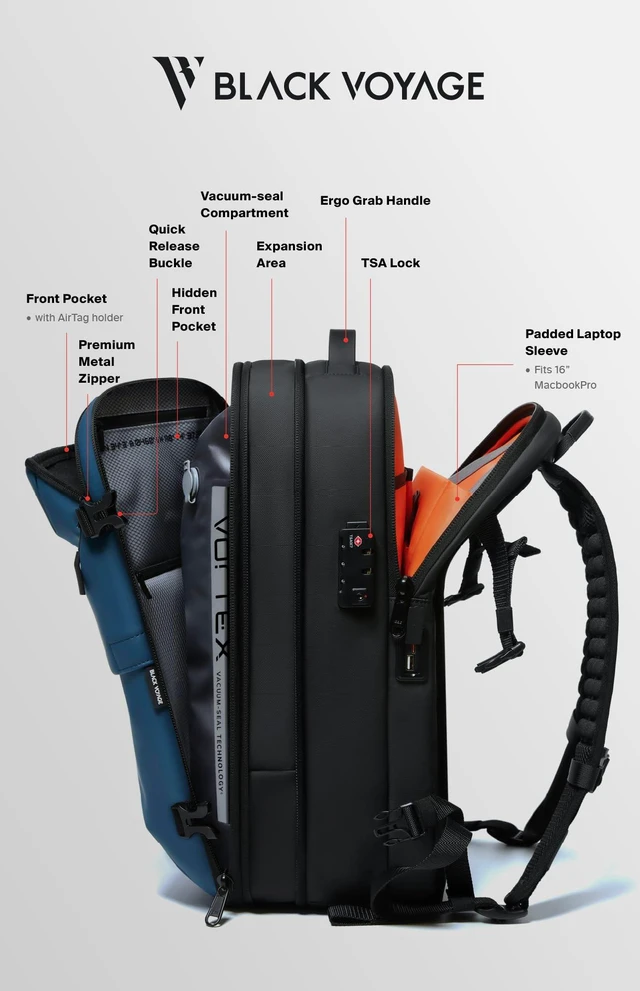 Alt view image 5 of 5 - BlackVoyage Vortex Vacuum Seal Travel Backpack 60L Expandable Air Compression System Water Resistant TSA Lock Carry-On Suitcase Luggage Blue AERO Essential Series Vacuum Pump Included