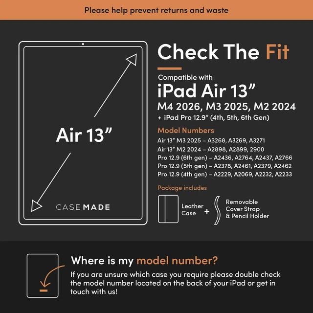 Alt view image 2 of 5 - Casemade Real Leather Case Compatible with iPad Air 13-inch M4 (2026), M3 (2025), M2 (2024) / Pro 12.9-inch (4th/5th/6th/Gen) - Full-Grain Leather Cover, Auto Sleep/Wake, Dual Stand Position (Tan)