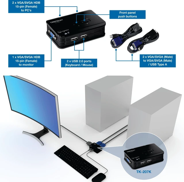 Alt view image 2 of 5 - TRENDnet 2-Port USB KVM Switch, TK-207K
