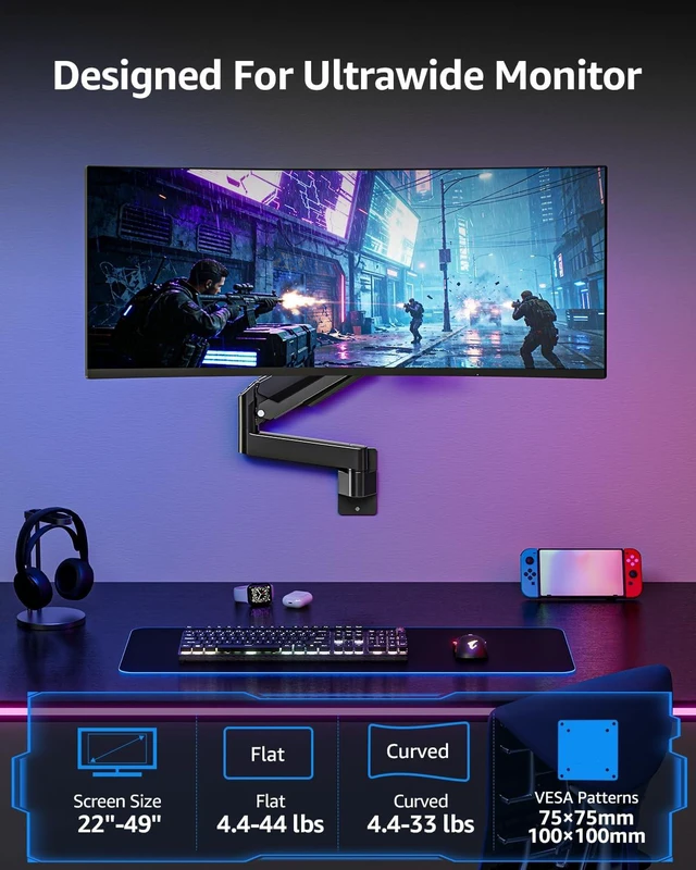 Alt view image 2 of 5 - MOUNTUP Monitor Wall Mount for 49 45 43 40 35 32 27 24 Inch Screens, Heavy Duty Wall Monitor Mount, Holds 4.4 to 44 lbs, Ultrawide Monitors Arm Wall Mount, VESA Mount 75x75/100x100mm
