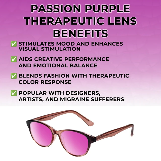 Alt view image 2 of 5 - Medspex Corinne McCormack Polly Color Therapy Reading Glasses +7.00 Pink Black Fade/Passion Purple Womens Fluorescent Light Sensitivity Chromotherapy Chakra Healing