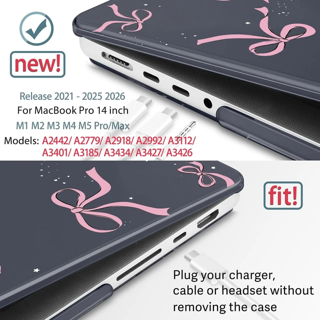 Alt view image 3 of 5 - May Chen for 2026 MacBook Pro 14-inch M5 M4 M3 M2 M1 Pro/Max Chip, Release 2026 2025-2021, Model A3427 A3426 A3434 A3112 .., Plastic Hard Shell with Keyboard Cover, Bow Black Glitter