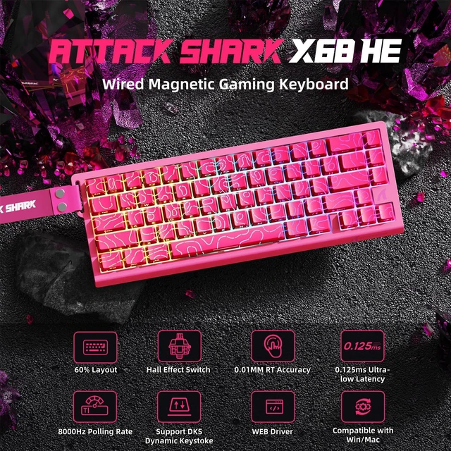 Alt view image 2 of 5 - ATTACK SHARK X68 HE Wired Magnetic Keyboard with X3 Wireless Gaming Mouse Combos, 8KHz Rapid Trigger Keyboard, 0.01mm RT Accuracy, 49g Superlight Mouse, PAW3395, 26000 DPI - Pink Contours
