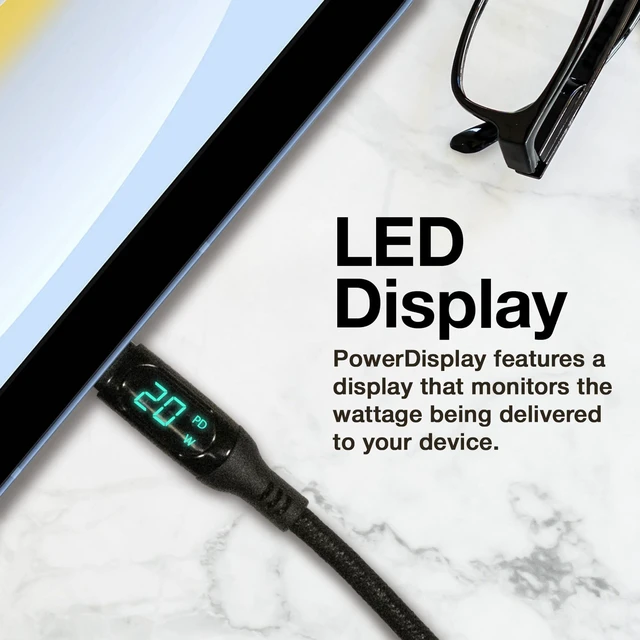 Alt view image 4 of 5 - BoxWave Cable Compatible with Bang & Olufsen Beolit 20 - PowerDisplay PD Cable (6ft) - USB-C to USB-C (100W), LED Wattage Info Extra Long Braided Nylon - Jet Black