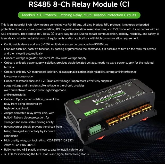 Alt view image 3 of 5 - Waveshare Industrial Modbus RTU 8-ch Relay Module (E) with RS485, High Current, Multi Isolation Protection, Optocoupler Isolation, Flyback Diode Protection, Rail-Mounted Case.