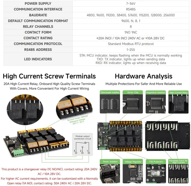 Alt view image 4 of 5 - Waveshare Industrial Modbus RTU 8-ch Relay Module (E) with RS485, High Current, Multi Isolation Protection, Optocoupler Isolation, Flyback Diode Protection, Rail-Mounted Case.