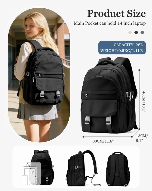 Alt view image 2 of 5 - Black Waterproof Aesthetic Backpack For School, Cute High School Bookbag For Teen Girls Boys, Lightweight Casual Daypack Backpack For Women Men, College Backpack With Lots Of Pockets