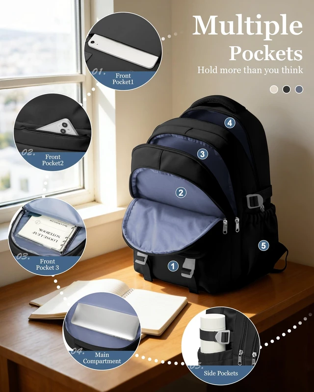 Alt view image 3 of 5 - Black Waterproof Aesthetic Backpack For School, Cute High School Bookbag For Teen Girls Boys, Lightweight Casual Daypack Backpack For Women Men, College Backpack With Lots Of Pockets