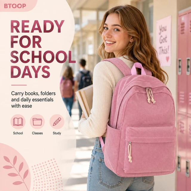Alt view image 2 of 5 - BTOOP School Backpack for Teens Large Corduroy Bookbag Lightweight 15.6 inch Laptop Bag for Girls Women Casual High School College