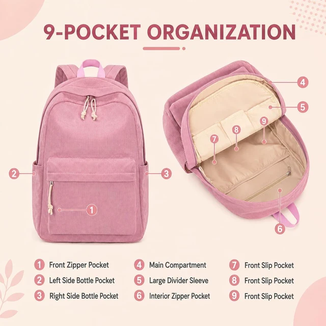 Alt view image 4 of 5 - BTOOP School Backpack for Teens Large Corduroy Bookbag Lightweight 15.6 inch Laptop Bag for Girls Women Casual High School College