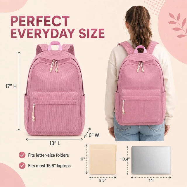 Alt view image 3 of 5 - BTOOP School Backpack for Teens Large Corduroy Bookbag Lightweight 15.6 inch Laptop Bag for Girls Women Casual High School College