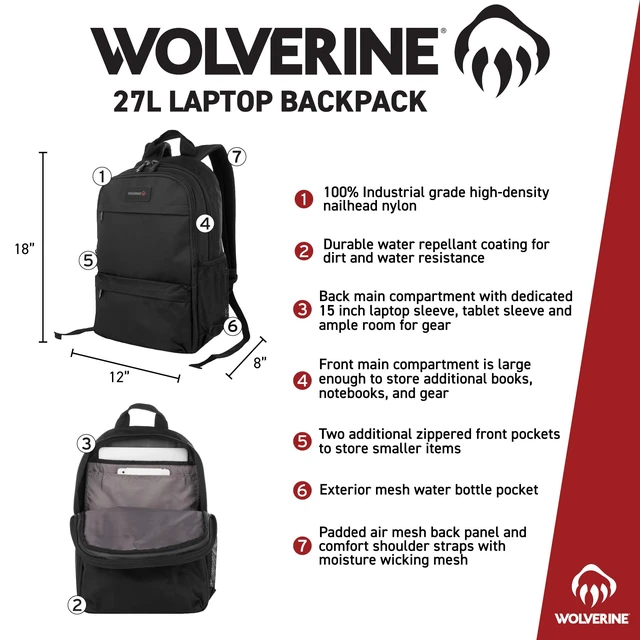 Alt view image 2 of 5 - WOLVERINE Lightweight ^^ Water Resistant ^^ Rugged ^^ Laptop Backpack for Travel or Work, Slimline-Gunmetal, 27L