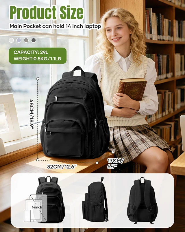 Alt view image 2 of 5 - Black School Backpack For Women Men, College Backpack with Lots of Pockets