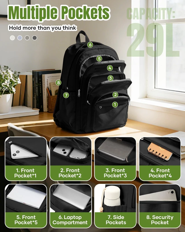 Alt view image 3 of 5 - Black School Backpack For Women Men, College Backpack with Lots of Pockets
