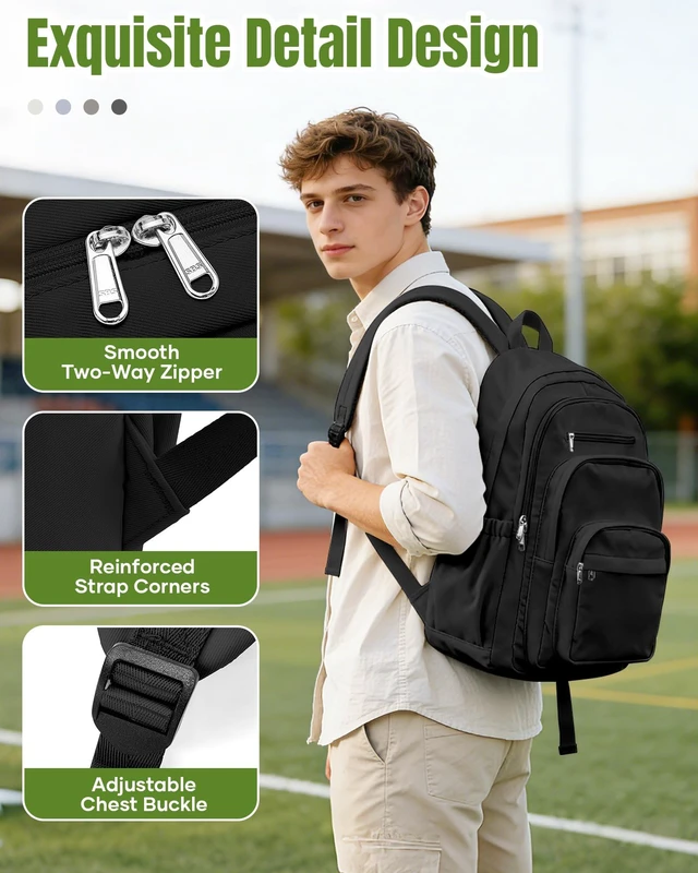 Alt view image 4 of 5 - Black School Backpack For Women Men, College Backpack with Lots of Pockets