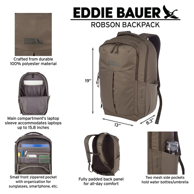 Alt view image 2 of 5 - Eddie Bauer Robson Backpack 30L ^^ Everyday Carry ^^ Work ^^ Travel ^^ Commuter ^^ Padded Laptop Sleeve ^^ Stretch Bottle Pockets ^^ Lightweight ^^ Durable - Dark Purple