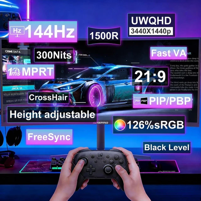 Alt view image 4 of 5 - 34 Inch Curved Monitor 180Hz, UWQHD 3440x1440p Ultrawide Gaming Monitor 1500R with Speaker, PIP/PBP, 4000:1 Contrast, sRGB126%, HDR, FreeSync & G-SYNC, 1ms(MPRT), HDMI/DP Port, Adjustable Stand, VESA