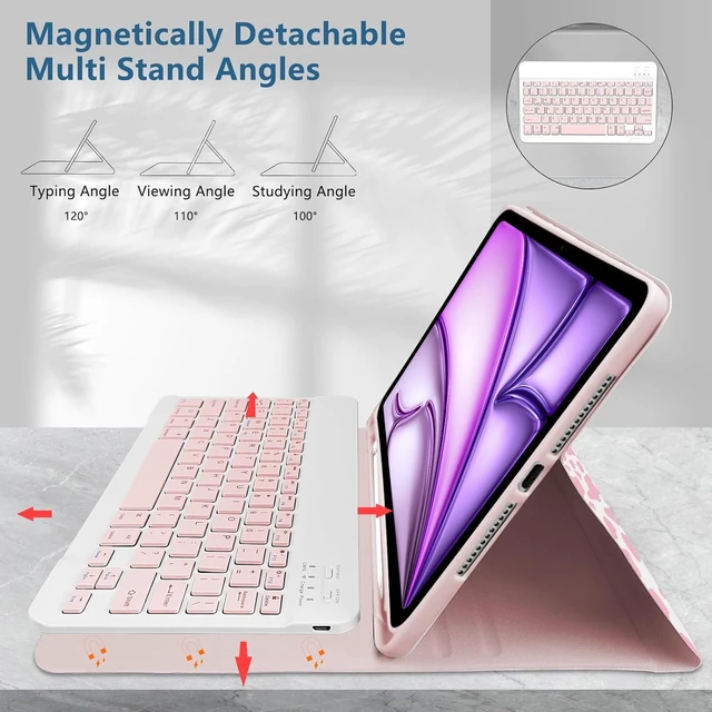 Alt view image 3 of 5 - TopPerfekt for iPad Air 11 M4 2026 8th (M3 2025/M2 2024) case with Bluetooth Keyboard for iPad Air 5th/4th Generation 10.9Inch (2022/2020) Rechargeable, Magnetically Absorbent, Pencil Holder- Cow Pink