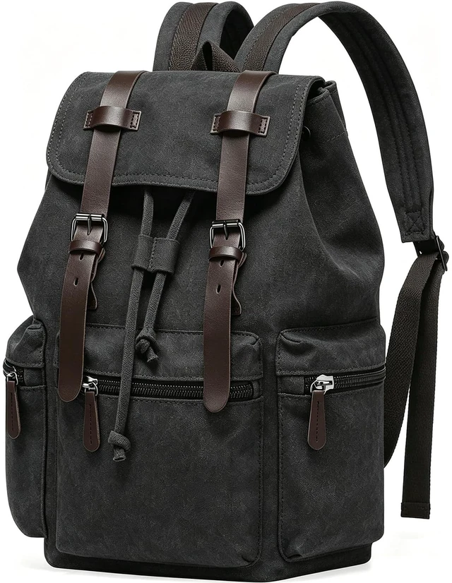 Main image of VAZUOOL Canvas Backpack for Men Women, Vintage Laptop Daypack Travel Rucksack Work College Computer Bag Fits 15.6 Inch Laptop, Black
