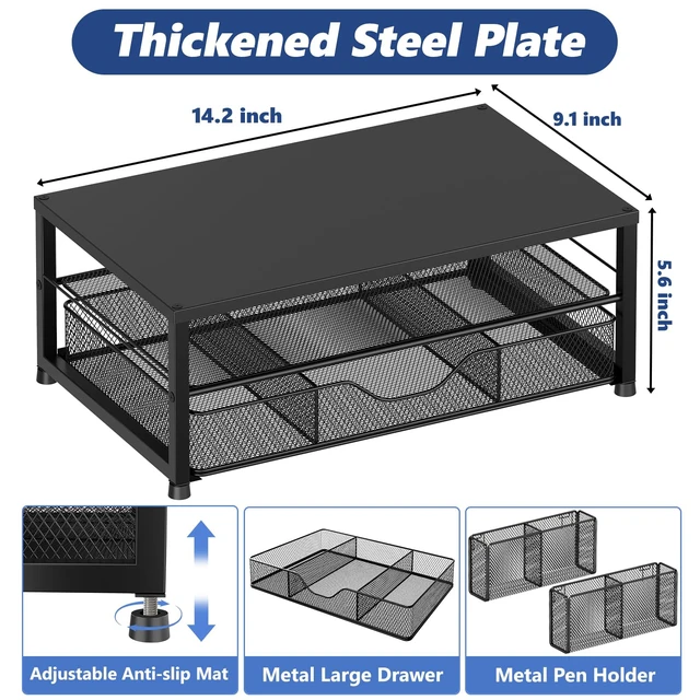 Alt view image 3 of 5 - OPNICE Desk Organizer and Accessories, 2-Tier Computer Monitor Stand Riser with Drawer and 2 Pen Holders, Laptop Stand, Office Desk Accessories for Office Supplies, Black