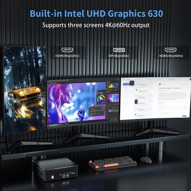 Alt view image 4 of 5 - Kinupute Mini PC i9, Desktop Computer Core i9-9880H 8 cores, Windows 11 Pro, TPM2.0, 32G DDR4, 1T NVME SSD, DP/HDMI/Type-C Port, Triple Display, 4K@60Hz, Dual 2.5G LAN, WiFi 6E/BT5.3, 4G Module, VESA