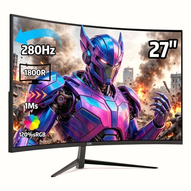 Main image of ZZA 27 Inch Curved 280Hz Gaming Monitor, 1800R Curved Computer Gaming Monitor FHD 1080P, 4000:1, 120% sRGB, 1Ms GTG^^FreeSync^^HDR^^Low Blue Light^^HDMI DP^^ VESA Support 100x100mm(No Speakers)