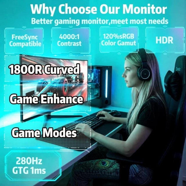 Alt view image 3 of 5 - ZZA 27 Inch Curved 280Hz Gaming Monitor, 1800R Curved Computer Gaming Monitor FHD 1080P, 4000:1, 120% sRGB, 1Ms GTG^^FreeSync^^HDR^^Low Blue Light^^HDMI DP^^ VESA Support 100x100mm(No Speakers)