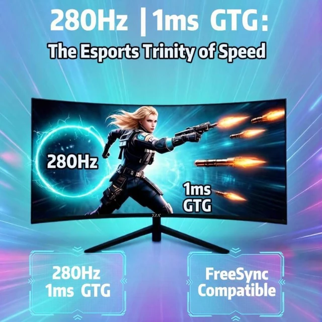 Alt view image 4 of 5 - ZZA 27 Inch Curved 280Hz Gaming Monitor, 1800R Curved Computer Gaming Monitor FHD 1080P, 4000:1, 120% sRGB, 1Ms GTG^^FreeSync^^HDR^^Low Blue Light^^HDMI DP^^ VESA Support 100x100mm(No Speakers)