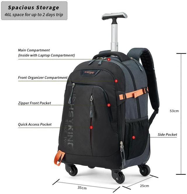 Alt view image 2 of 5 - HSYKING 20 Inches Water-resistant Rolling Laptop Backpack Wheeled Backpack for Adult, Business People and Travel Commuter Carry-on Luggage with Spinner Wheels Travel Luggage (Black, 20 Inches)