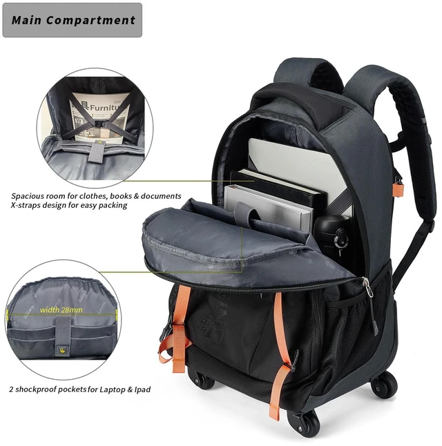 Alt view image 4 of 5 - HSYKING 20 Inches Water-resistant Rolling Laptop Backpack Wheeled Backpack for Adult, Business People and Travel Commuter Carry-on Luggage with Spinner Wheels Travel Luggage (Black, 20 Inches)