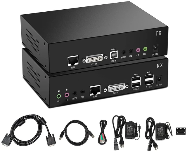 Main image of DVI USB KVM Extender 100m(328ft) Over Single Cat5e/Cat6 Cable, 1920x1200@60Hz EDID, Extends Video Audio USB, RS-232 Signals, Point to Point, Zero Latency, Incl.Transmitter and Receiver (New Version)