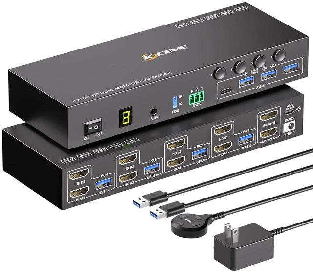 Main image of HDMI KVM Switch 2 Monitors 4 Computers 4K@60Hz EDID Simulation, 4 Port KVM Switch Dual Monitor with 4 USB 3.0 Ports for USB Peripherals, Audio, RS232, with Wired Remote, 12V Power and 4 USB Cables