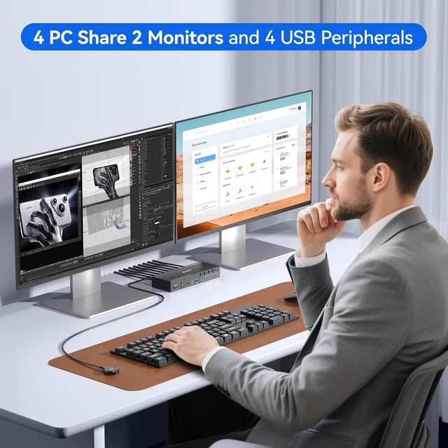 Alt view image 2 of 5 - HDMI KVM Switch 2 Monitors 4 Computers 4K@60Hz EDID Simulation, 4 Port KVM Switch Dual Monitor with 4 USB 3.0 Ports for USB Peripherals, Audio, RS232, with Wired Remote, 12V Power and 4 USB Cables