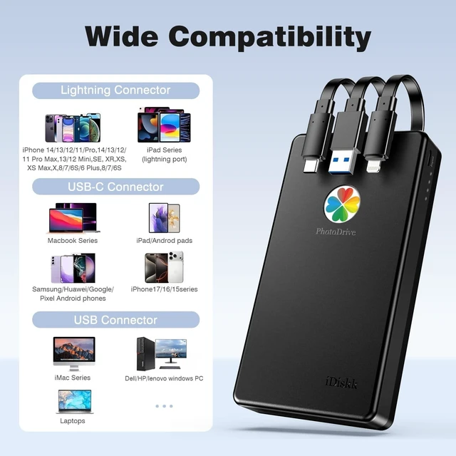 Alt view image 3 of 5 - iDiskk 500GB A-pple Certified External Hard Drive for iPhone iPad Android