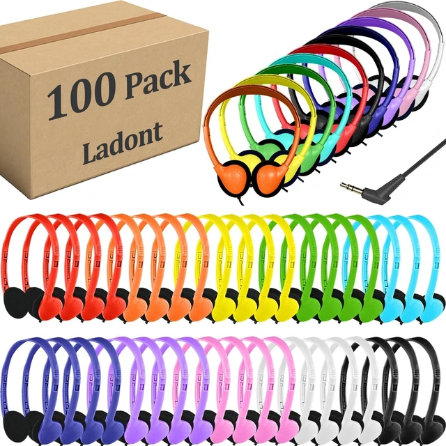 Main image of Ladont 100 Pack Classroom Headphones Bulk for Students Kids Schools, Wholesale Wired Multi Color 3.5mm On Ear Class Set Headphones for Library Chromebook Laptop PC Computer