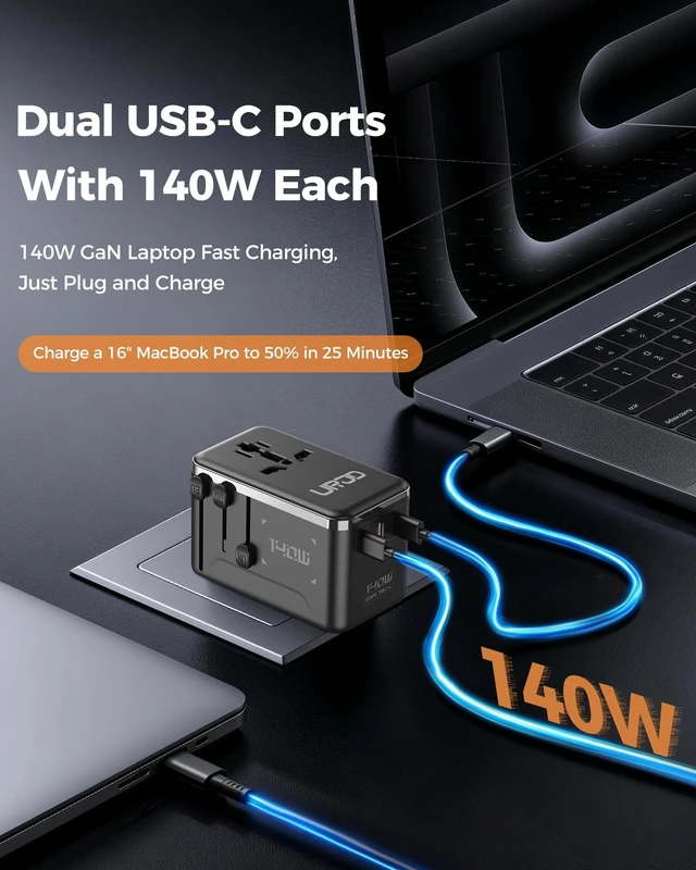 Alt view image 2 of 5 - URJD 140W Max GaN Universal Travel Adapter for Europe UK US 200+ Countries