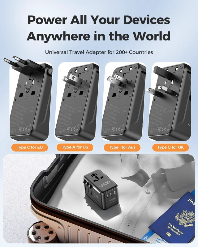 Alt view image 5 of 5 - URJD 140W Max GaN Universal Travel Adapter for Europe UK US 200+ Countries