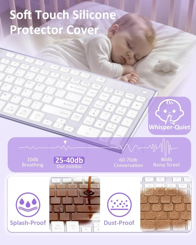 Alt view image 3 of 5 - FENIFOX Wireless Keyboard, Silent Flat Soft Cover with Number Pad (White and Purple)