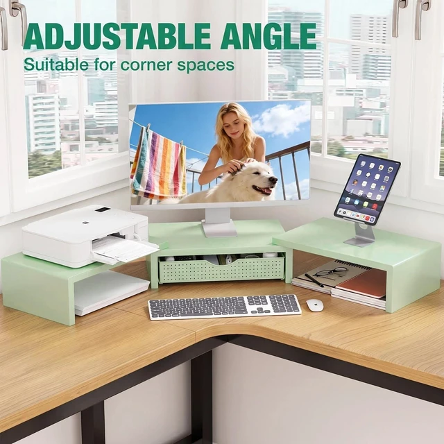 Alt view image 3 of 5 - OPNICE Dual Computer Monitor Stand Riser, Desk Organizer with Drawer, Office Desk Accessories & Workspace Organizers for Home Office Supplies, Green
