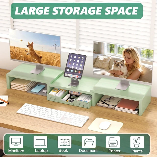 Alt view image 4 of 5 - OPNICE Dual Computer Monitor Stand Riser, Desk Organizer with Drawer, Office Desk Accessories & Workspace Organizers for Home Office Supplies, Green