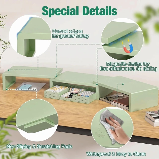 Alt view image 5 of 5 - OPNICE Dual Computer Monitor Stand Riser, Desk Organizer with Drawer, Office Desk Accessories & Workspace Organizers for Home Office Supplies, Green