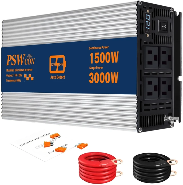 Main image of PSW CON 1500W Dual Voltage Inverter, 12V/24V Auto-Detect DC to 110V/120V AC Modified Sine Wave Inverter, 3000W Peak Power Converter with Multi-Protection for Truck RV Camping Home Backup
