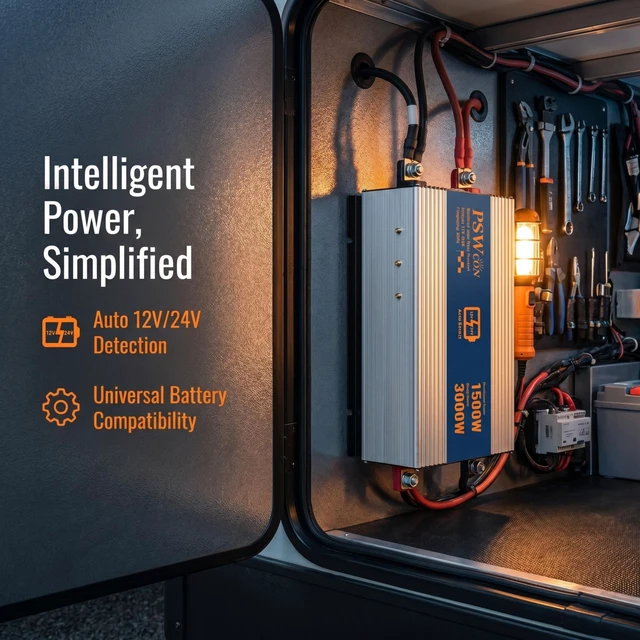 Alt view image 3 of 5 - PSW CON 1500W Dual Voltage Inverter, 12V/24V Auto-Detect DC to 110V/120V AC Modified Sine Wave Inverter, 3000W Peak Power Converter with Multi-Protection for Truck RV Camping Home Backup