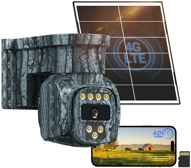 Main image of runofast 4G LTE Solar Cellular Security Camera Wireless Outdoor, No WiFi Needed, AOV Recording, 2K PTZ Live View, Built-in eSIM, Motion Detection, Includes 32GB SD Card, Off-Grid Security, Farm