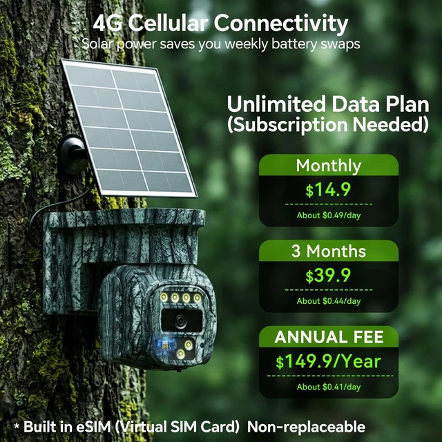 Alt view image 3 of 5 - runofast 4G LTE Solar Cellular Security Camera Wireless Outdoor, No WiFi Needed, AOV Recording, 2K PTZ Live View, Built-in eSIM, Motion Detection, Includes 32GB SD Card, Off-Grid Security, Farm
