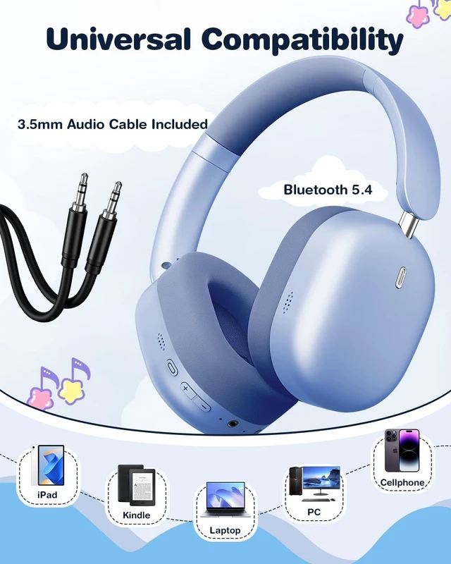 Alt view image 3 of 5 - Wentronic Kids Headphones Wireless Bluetooth 5.4,Foldable Over Ear Headphones with 3.5mm Wired Mode,Safe Volume Limit,48H Playtime,Clear Calls,HD Sound for Toddlers/Children/School/Travel,Blue