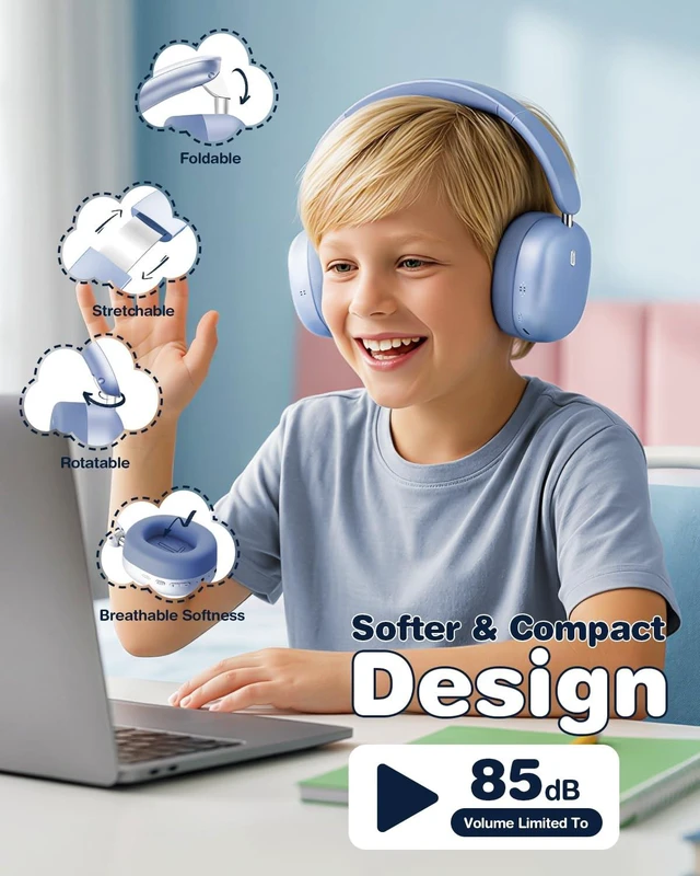 Alt view image 5 of 5 - Wentronic Kids Headphones Wireless Bluetooth 5.4,Foldable Over Ear Headphones with 3.5mm Wired Mode,Safe Volume Limit,48H Playtime,Clear Calls,HD Sound for Toddlers/Children/School/Travel,Blue