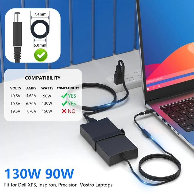 Alt view image 3 of 5 - 130W 19.5V 6.7A DA130PE1-00 Laptop Charger Fit for Dell Inspiron 15 7559 5577 G3 3579, Precision 3510 3520, 7.4mm 5.0mm Big Round Tip AC Adapter with Power Cord