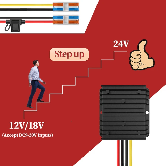Alt view image 2 of 5 - 12VDC to 24VDC Converter 10A 240W, 12V to 24V DC Step Up Converter with Fuse, IP67 Waterproof 12 to 24 Volt Boost Converter with Wire Terminal Block for Golf Cart, LED Lights, Truck, Boat