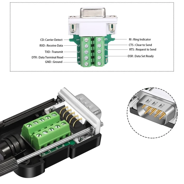 Alt view image 4 of 5 - Dbilida DB9 Solderless Connector (5Male+5Female), DB9 Breakout Connector RS232 D-SUB Serial to 9pin Port Terminal with Case